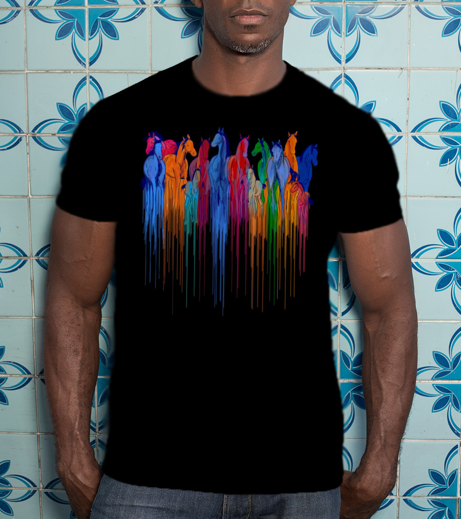Horse Watercolor Rainbow Drip Multi-Color Herd T-Shirt