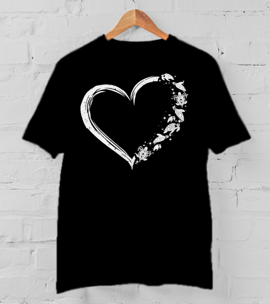 Turtle Heart Sketch Heart Shape With Sea Turtles And Stars T-Shirt