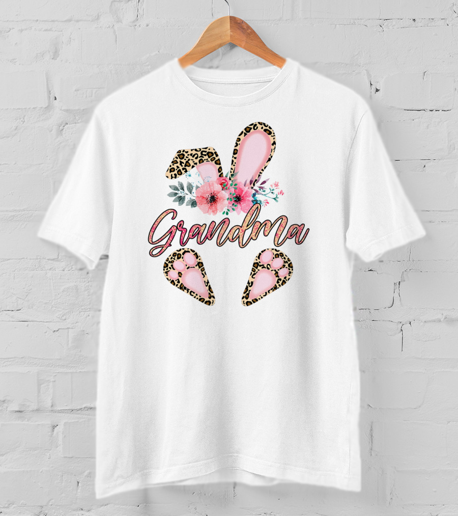 Grandma Leopard Floral Bunny Ears And Paw Prints T-Shirt