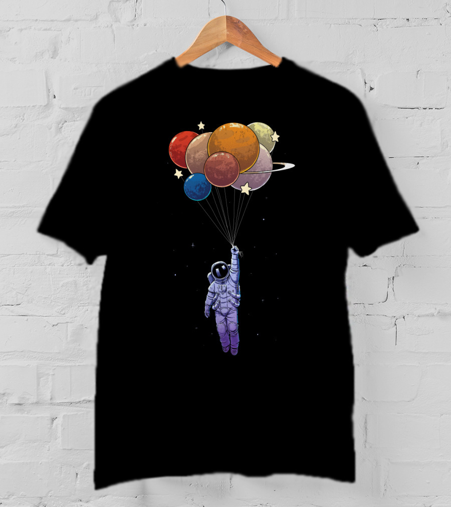 Amstrong Astronaut With Planet Balloons Floating In Space T-Shirt