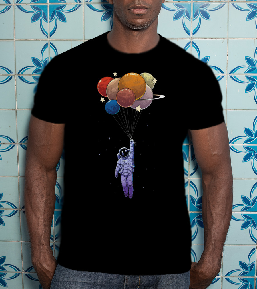 Amstrong Astronaut With Planet Balloons Floating In Space T-Shirt