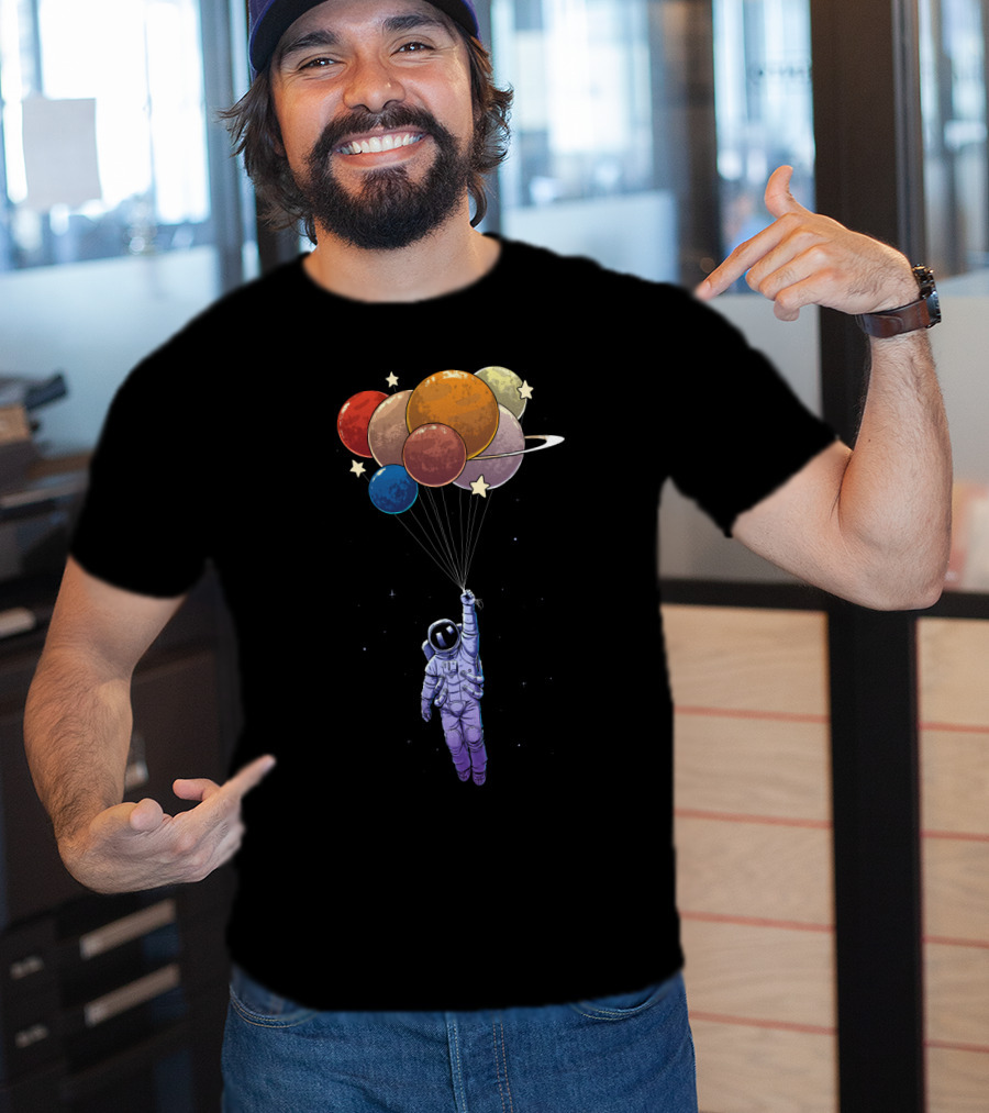 Amstrong Astronaut With Planet Balloons Floating In Space T-Shirt
