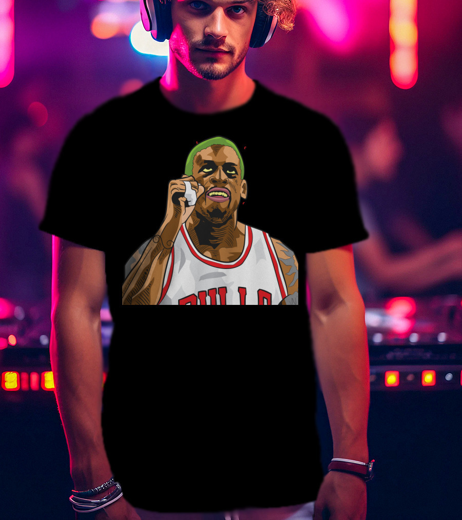 Mitchell And Ness Dennis Rodman Bulls Iconic Green Hair Basketball Legend T-Shirt