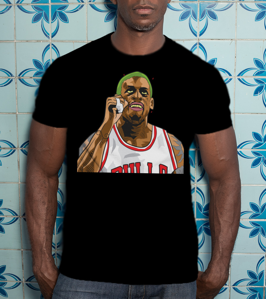 Mitchell And Ness Dennis Rodman Bulls Iconic Green Hair Basketball Legend T-Shirt