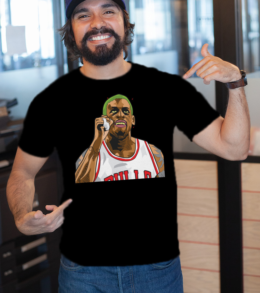 Mitchell And Ness Dennis Rodman Bulls Iconic Green Hair Basketball Legend T-Shirt
