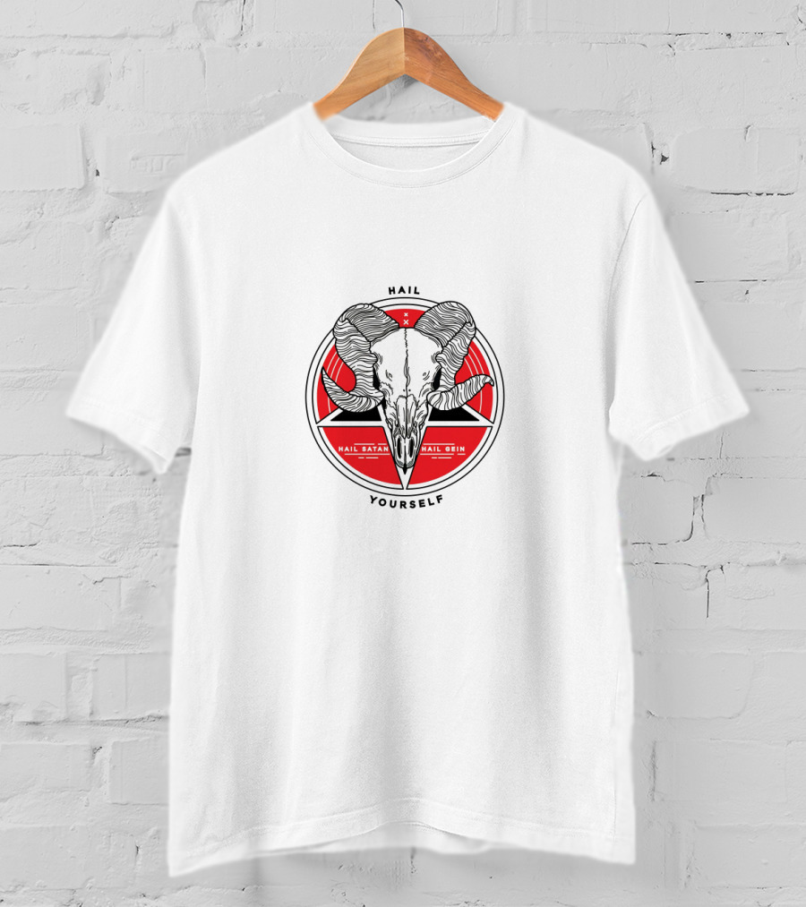 Hail Yourself Last Podcast Hail Satan Hail Gein Ram Skull Red Pentagram T-Shirt