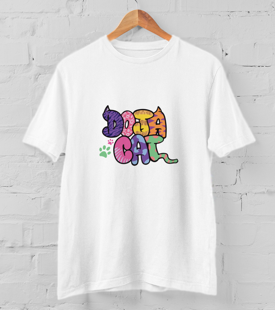 Doja Cat Colorful Patterned Text With Cat Ears And Paw Prints T-Shirt