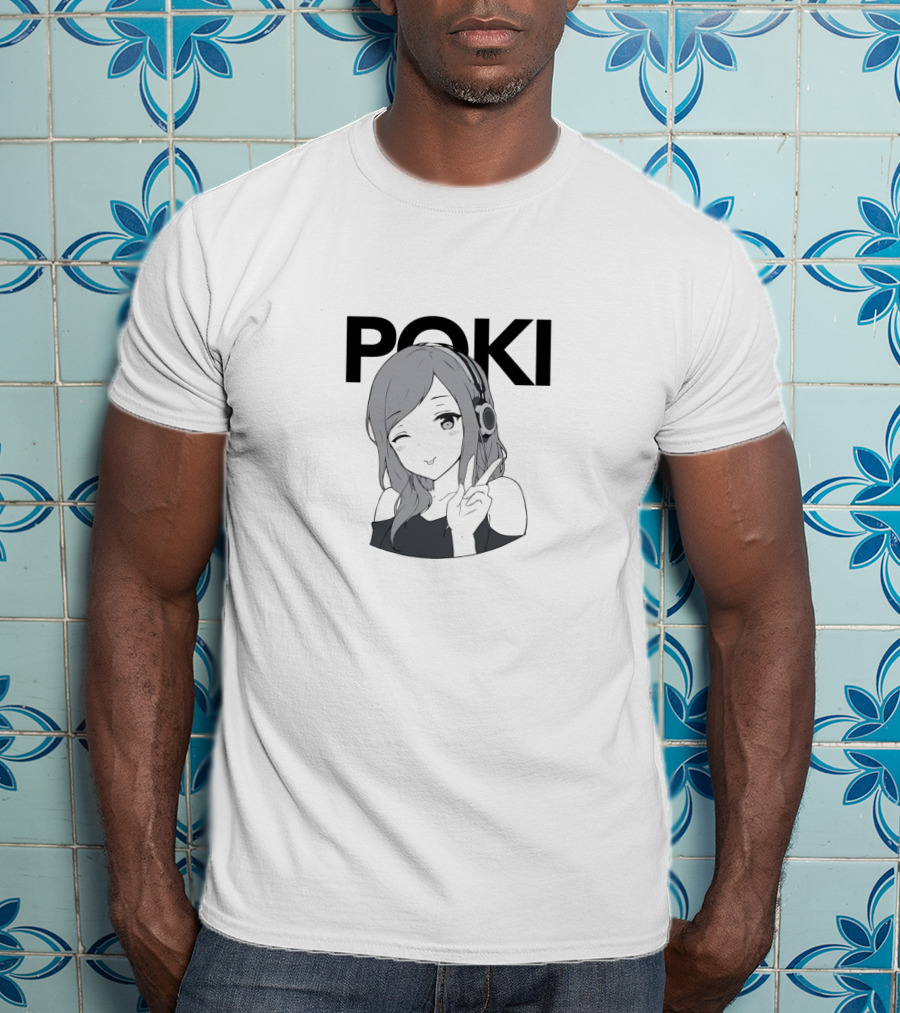 Poki Anime Style Winking Character With Headphones And Peace Sign T-Shirt