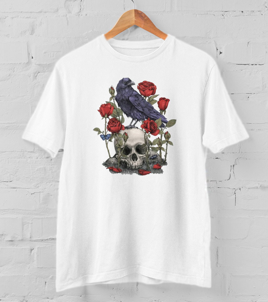 Memento Mori Skull With Raven And Roses T-Shirt
