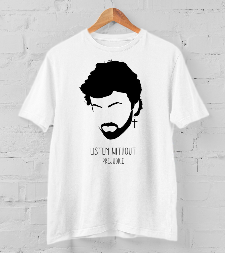 Listen Without Prejudice Graphic With Cross Earring T-Shirt