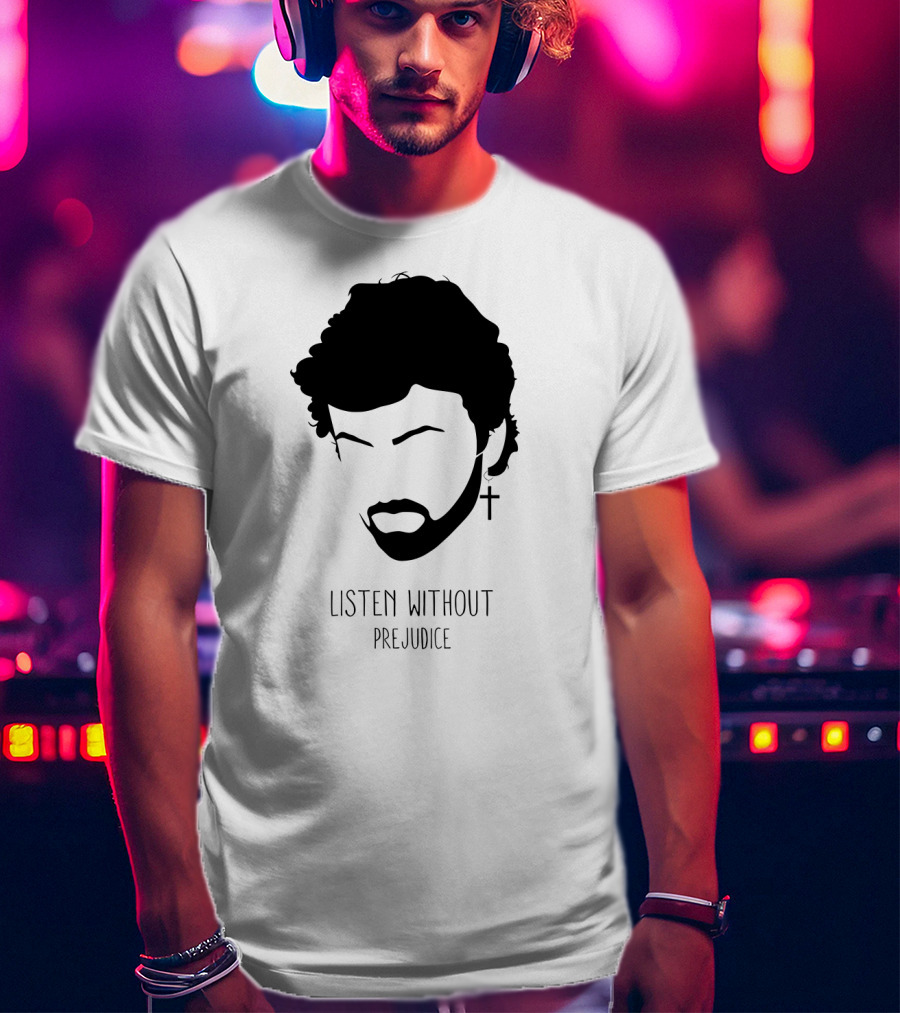 Listen Without Prejudice Graphic With Cross Earring T-Shirt