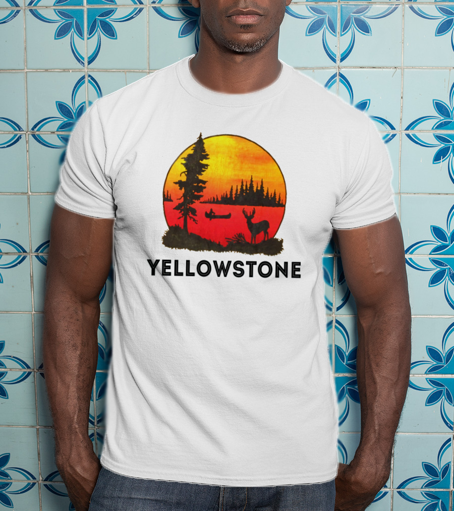 Yellowstone Sunset Scene With Canoe And Deer T-Shirt