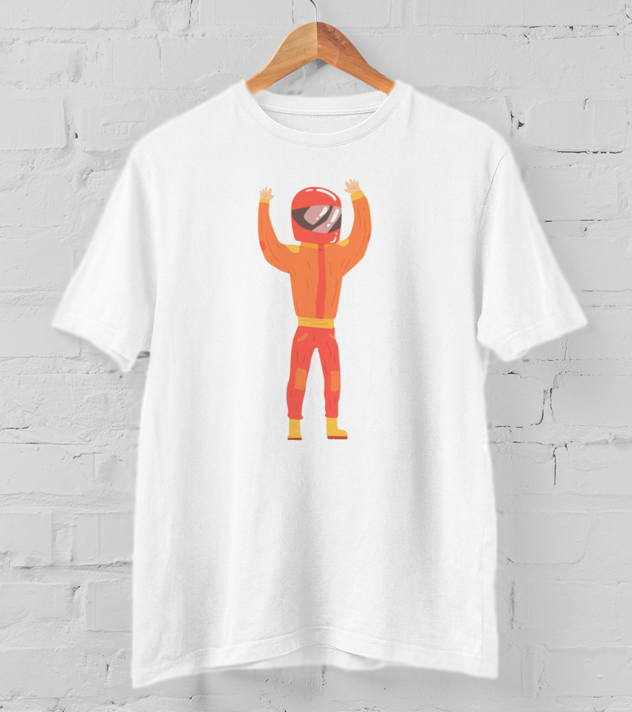 Man In An Orange Racing Suit With Helmet And Raised Arms T-Shirt