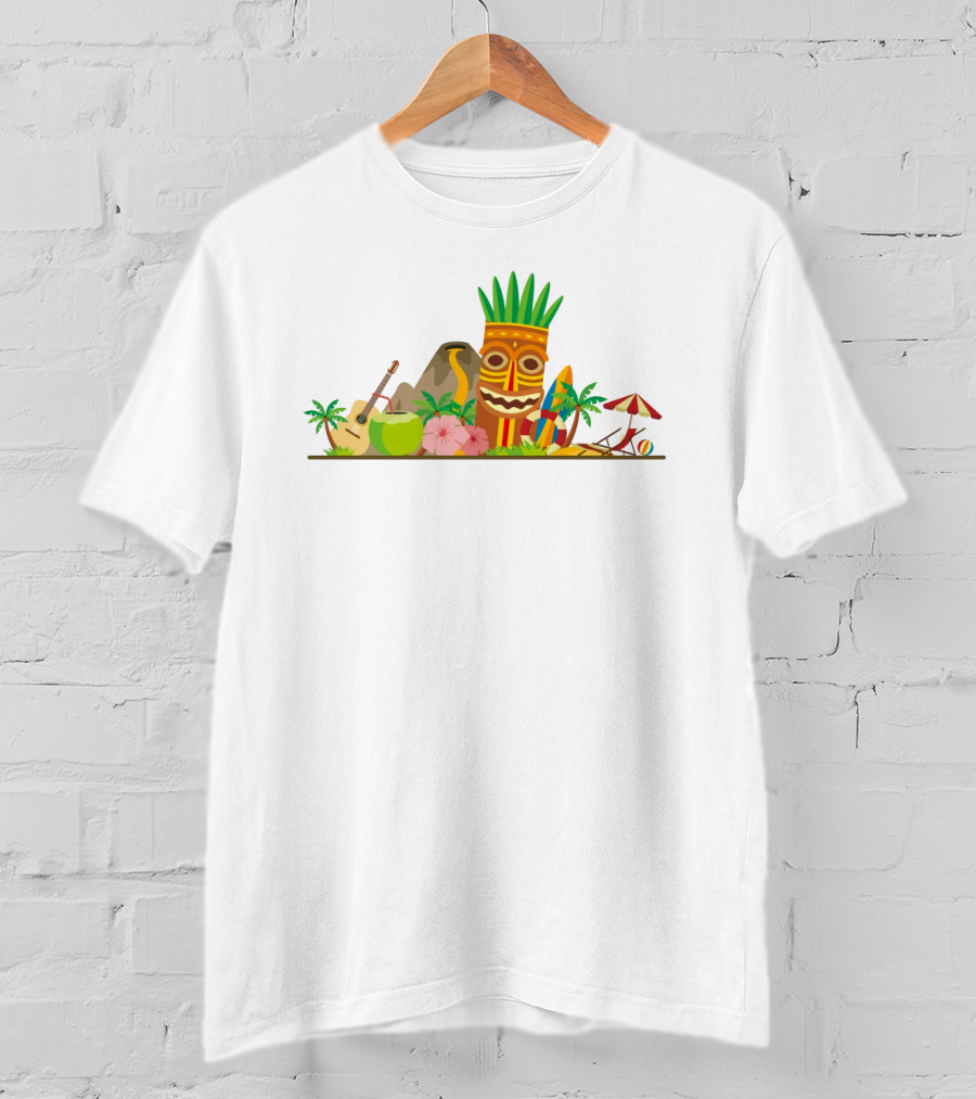 Hawaiian Tiki Mask Surfboards And Ukulele Tropics T-Shirt
