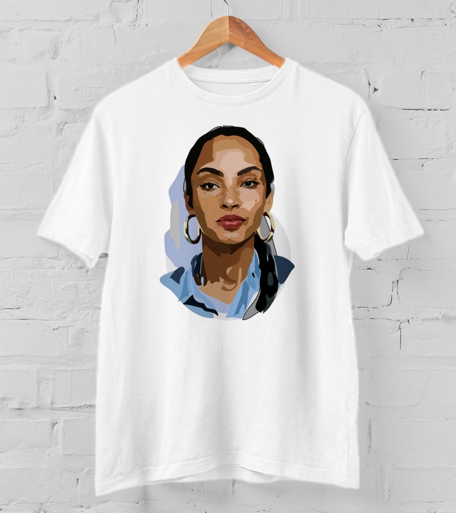 Sade Adu Portrait With Blue Shirt And Hoop Earrings T-Shirt