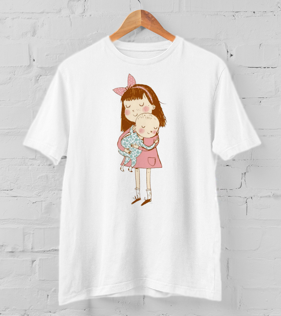 Big Sister Embracing Baby With Pink Bow Matching T-Shirt