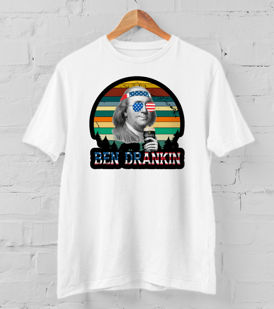 Ben Drankin American Patriotic Sunglasses Benjamin Franklin With Beer And Stripes T-Shirt