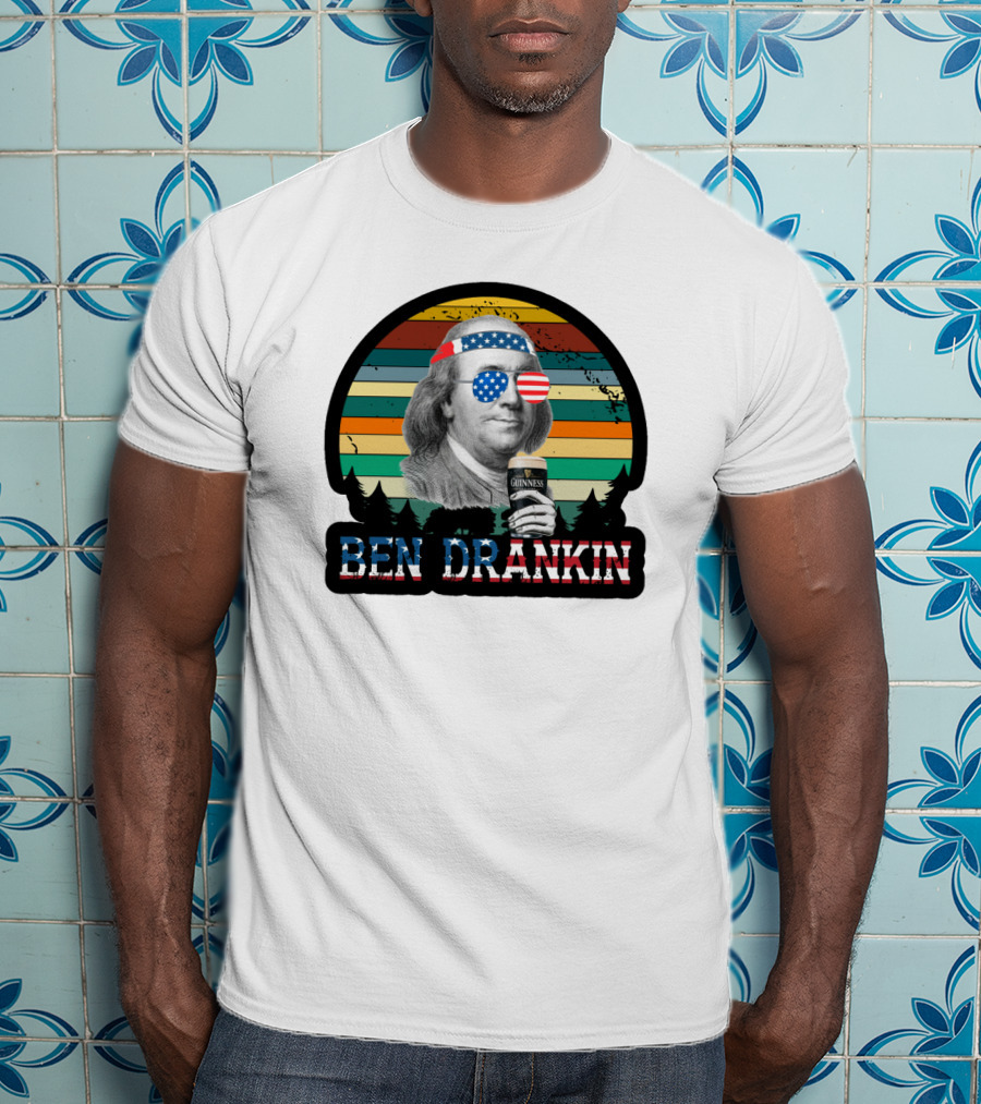 Ben Drankin American Patriotic Sunglasses Benjamin Franklin With Beer And Stripes T-Shirt