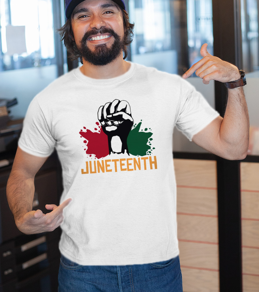 JUNETEENTH Raised Fist With Red Black Green Paint Splashes T-Shirt