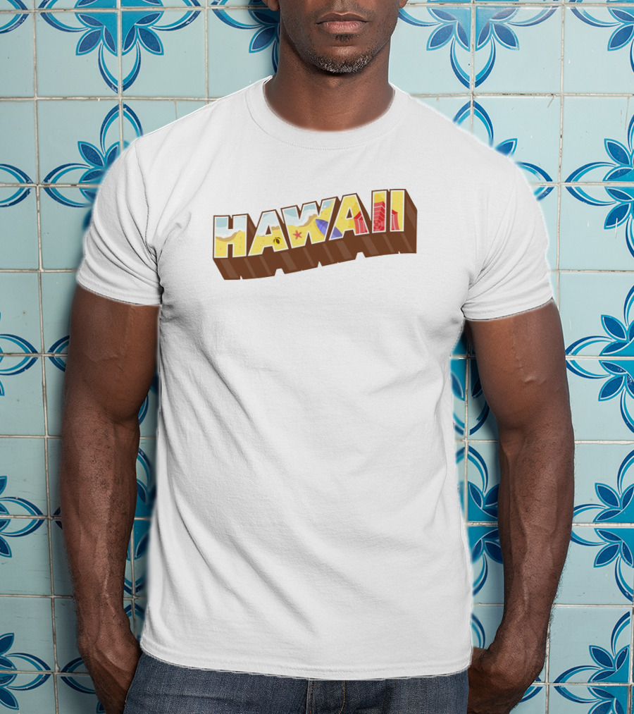 Hawaii Tropical Beach Icons With Surfer And Hibiscus T-Shirt