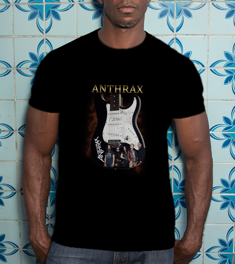 ANTHRAX Band Members Signatures On Electric Guitar T-Shirt