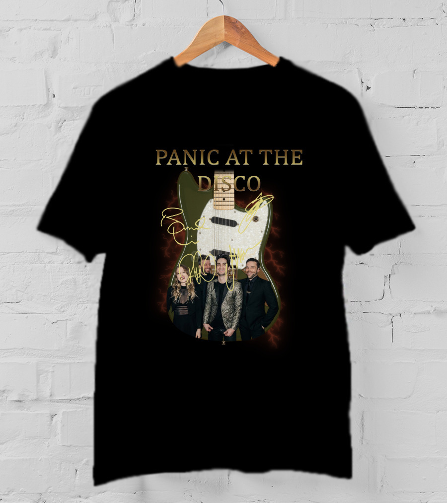 PANIC AT THE DISCO Signature Guitar With Members And Neon Lights T-Shirt