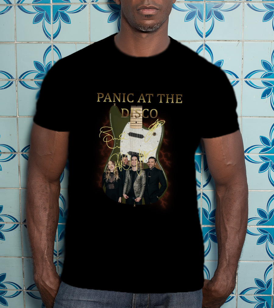 PANIC AT THE DISCO Signature Guitar With Members And Neon Lights T-Shirt