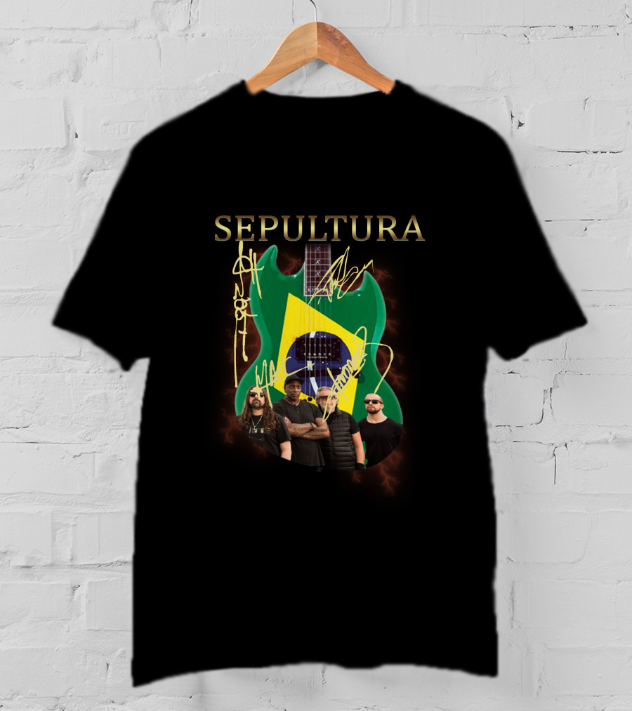 SEPULTURA Brazil Flag Guitar With Band Signatures T-Shirt