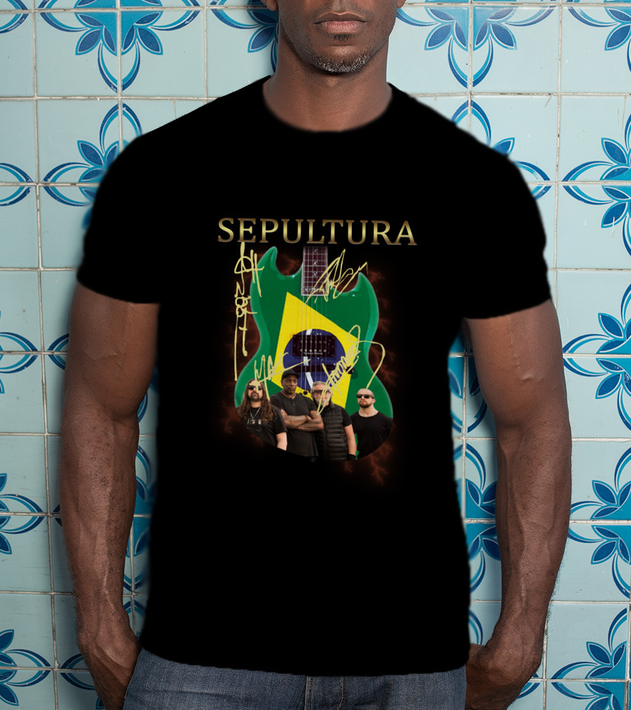 SEPULTURA Brazil Flag Guitar With Band Signatures T-Shirt
