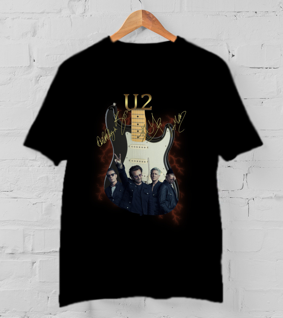U2 Signed Electric Guitar With Band Image T-Shirt