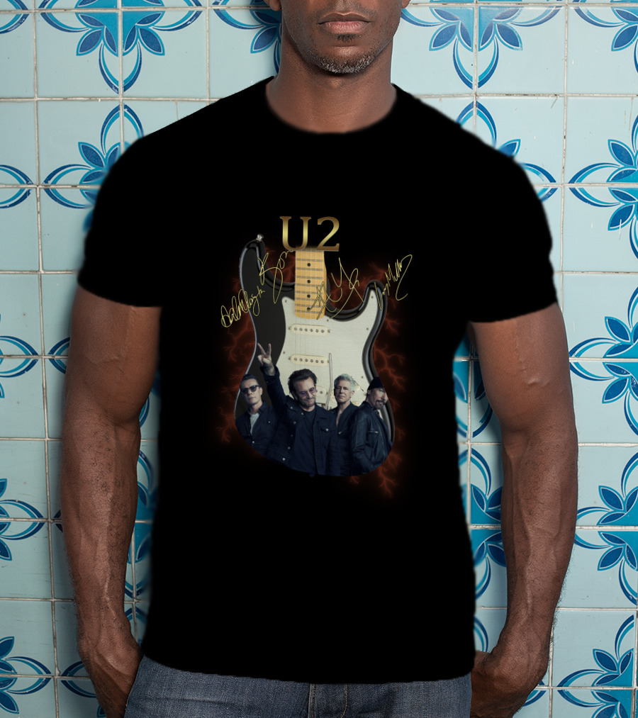 U2 Signed Electric Guitar With Band Image T-Shirt
