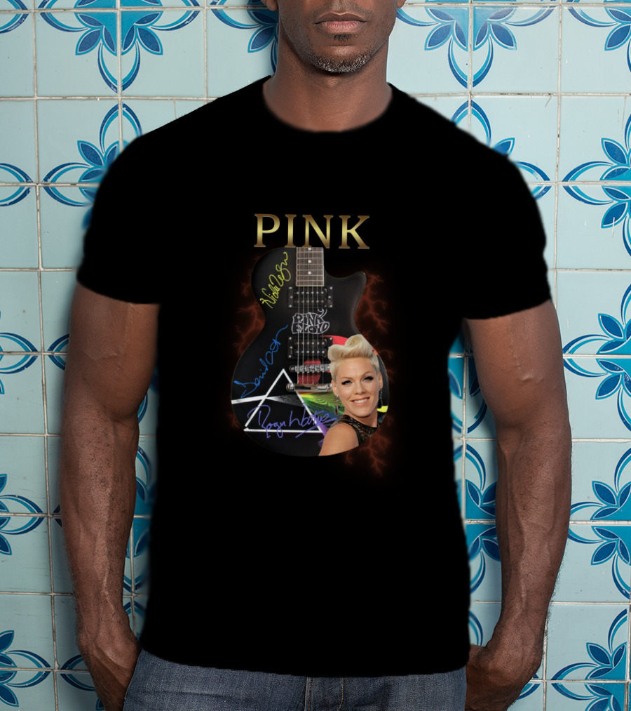 PINK Dark Side Guitar With Autographs T-Shirt