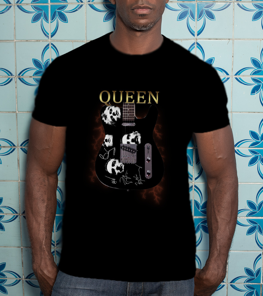 QUEEN Band Members Face Art On Electric Guitar T-Shirt