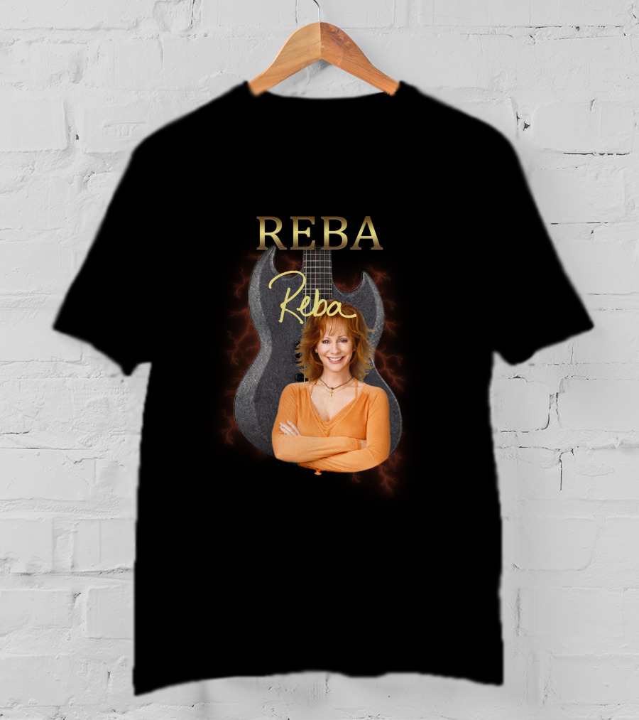 REBA Signature Guitar With Portrait On Black Electric Background T-Shirt