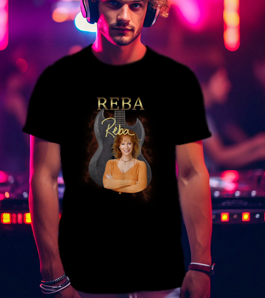 REBA Signature Guitar With Portrait On Black Electric Background T-Shirt