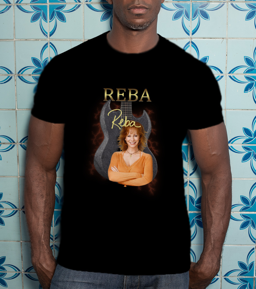 REBA Signature Guitar With Portrait On Black Electric Background T-Shirt
