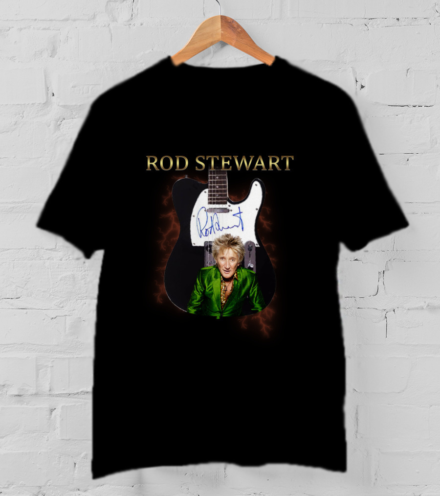 Rod Stewart Signature Guitar Image With Autograph T-Shirt