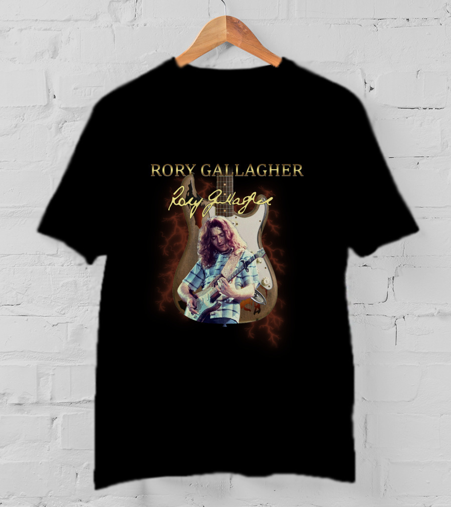 Rory Gallagher Signature Guitar With Lightning And Performer Image T-Shirt