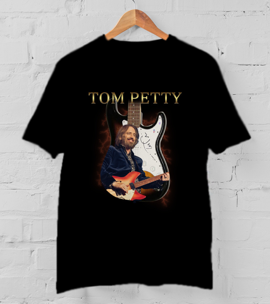 TOM PETTY Signature Guitar Image With Artist Playing Electric Guitar T-Shirt