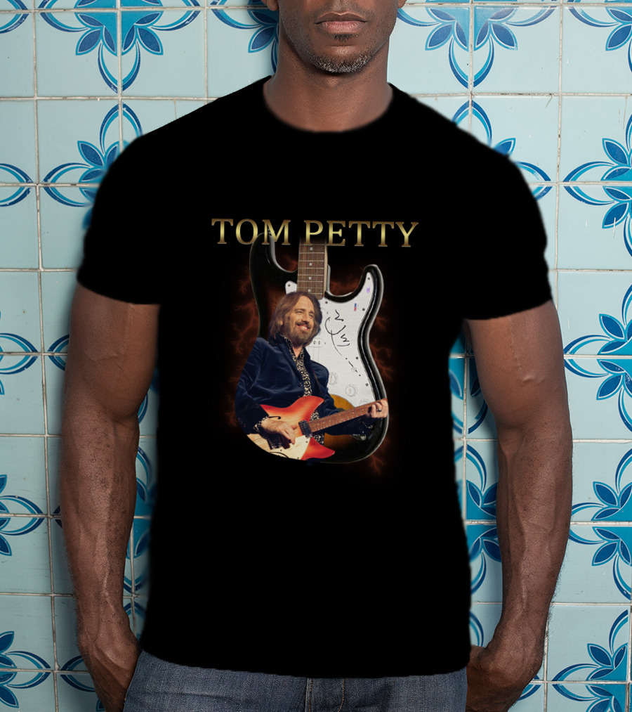 TOM PETTY Signature Guitar Image With Artist Playing Electric Guitar T-Shirt