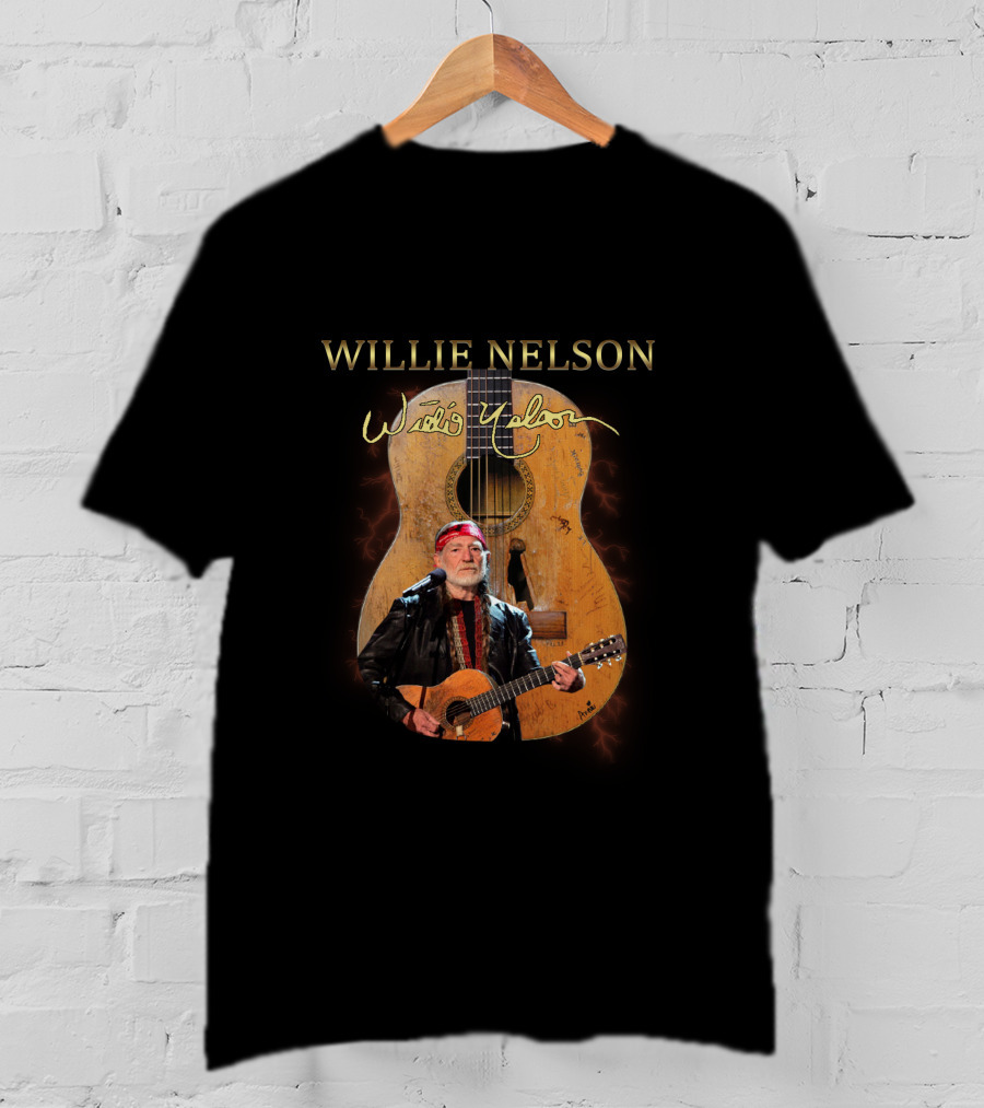 WILLIE NELSON Signature Guitar Image With Willie Playing T-Shirt