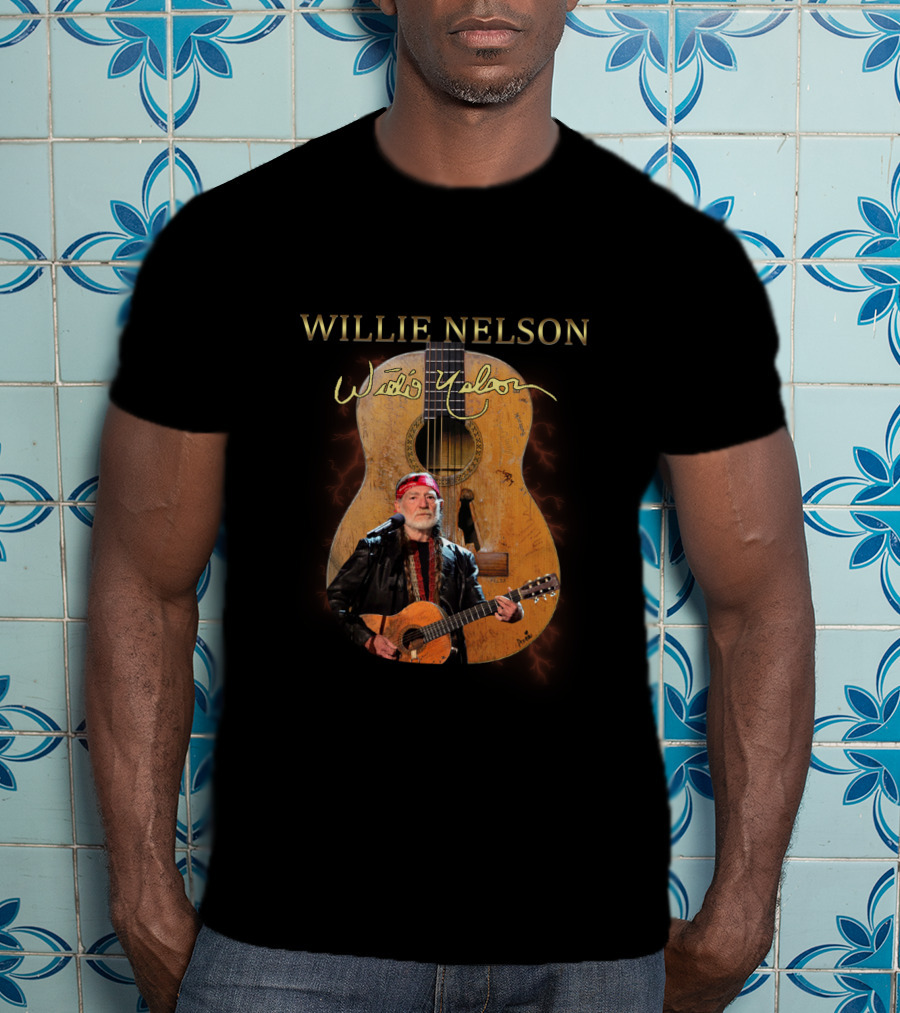 WILLIE NELSON Signature Guitar Image With Willie Playing T-Shirt