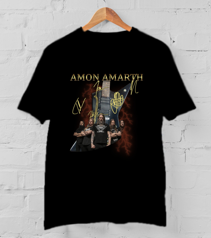 Amon Amarth Band Signatures With Guitar And Group Photo T-Shirt