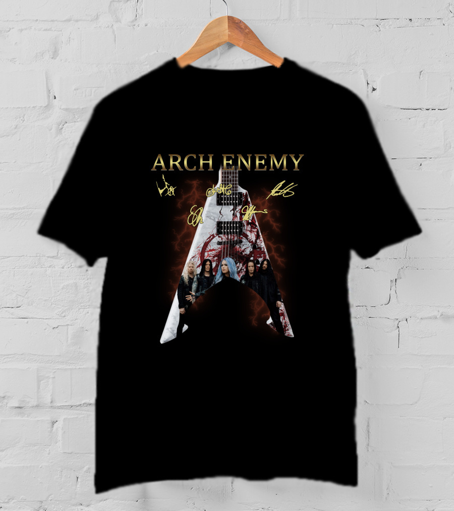 Arch Enemy Signature Guitar Band Signatures And Group Photo T-Shirt