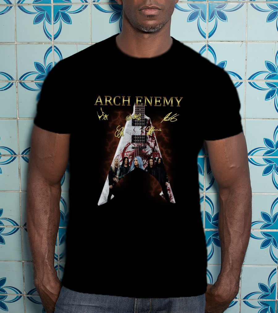 Arch Enemy Signature Guitar Band Signatures And Group Photo T-Shirt