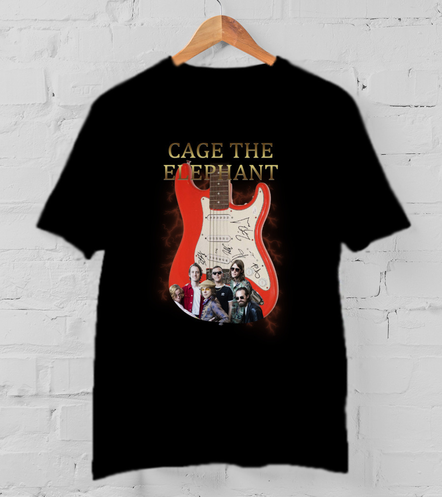 Cage The Elephant Red Electric Guitar Signatures And Band Montage T-Shirt