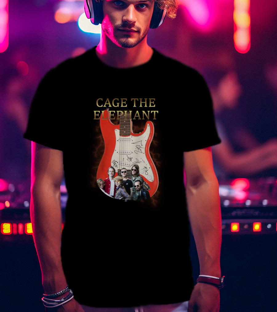 Cage The Elephant Red Electric Guitar Signatures And Band Montage T-Shirt