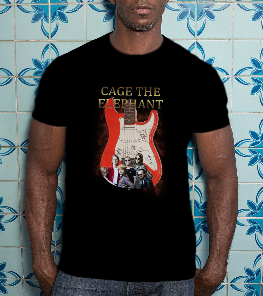 Cage The Elephant Red Electric Guitar Signatures And Band Montage T-Shirt