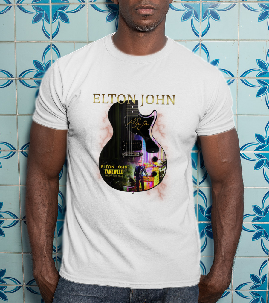 ELTON JOHN Signature Guitar Farewell Yellow Brick Road T-Shirt