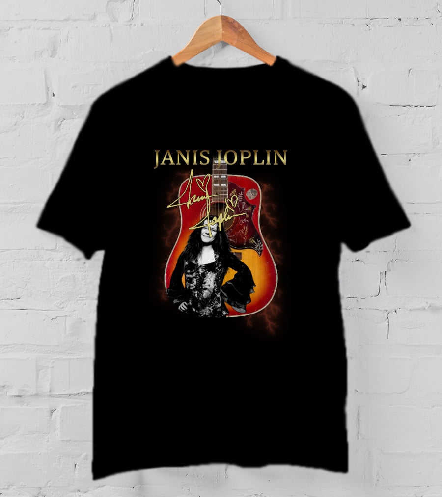 Janis Joplin Signature Guitar With Portrait And Lightning Effects T-Shirt
